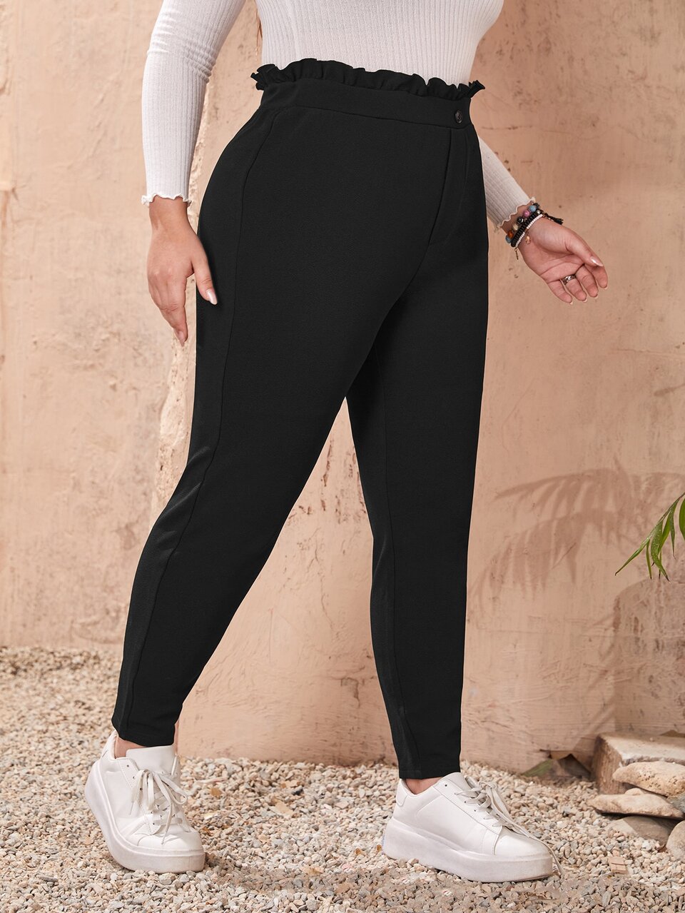 Plus High Waist Lettuce Trim Skinny Pants