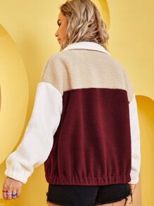 SHEIN Privé Colorblock Drop Shoulder Zip Up Teddy Jacket - Multicolor - View 2