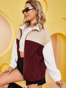 SHEIN Privé Colorblock Drop Shoulder Zip Up Teddy Jacket - Multicolor - View 4