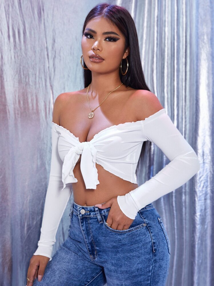SHEIN SXY Solid Tie Front Off Shoulder Crop Top - White - View 3