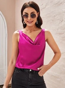 SHEIN 堆堆領緞面背心上衣 - 玫紅色 - 查看 3