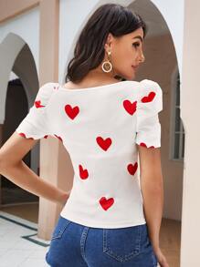 SHEIN Privé Heart Print Puff Sleeve Summer Tee - Red - View 2