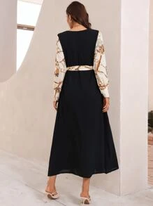 Modelyn Contrast Chain Sleeve Belted Dress - Black - View 2