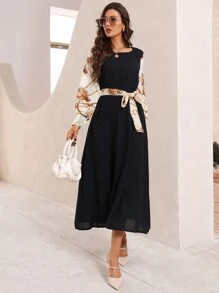 Modelyn Contrast Chain Sleeve Belted Dress - Black - View 5