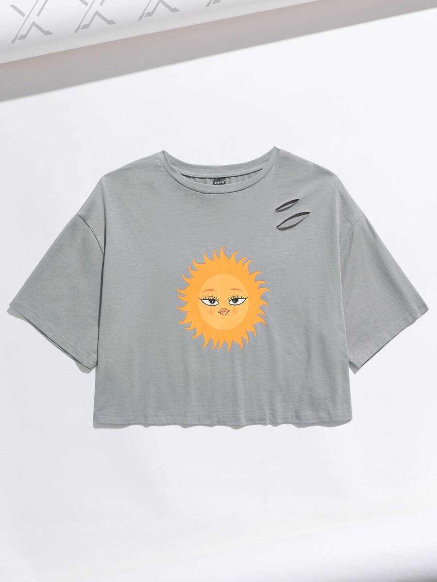 Sun Press Studio Camiseta de hombros caídos con estampado de sol roto - Gris Claro - Ver 1