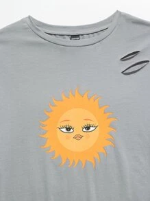 Sun Press Studio Camiseta de hombros caídos con estampado de sol roto - Gris Claro - Ver 4