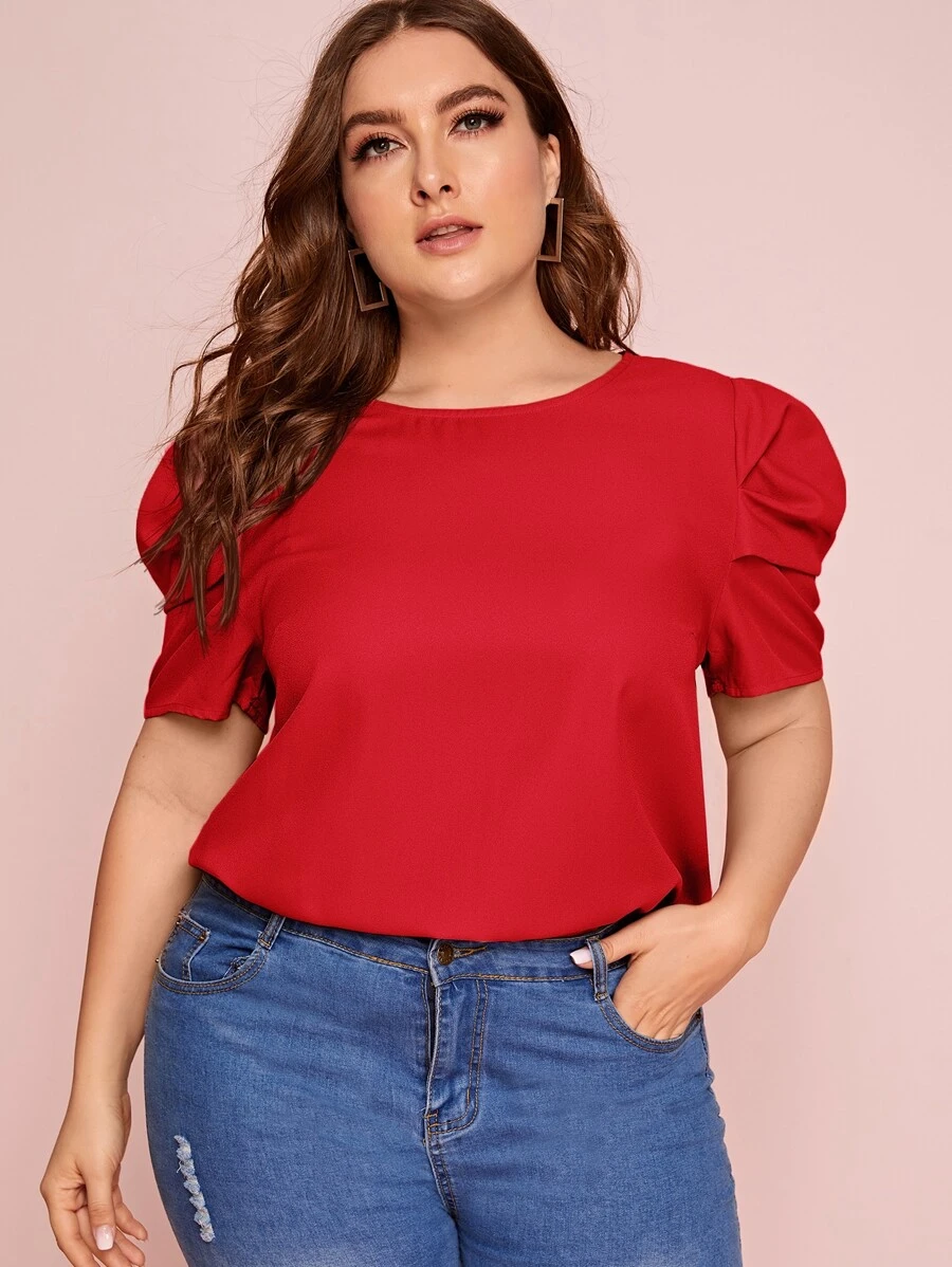SHEIN Privé Áo sơ mi Plus Size Nút màu trơn Giải trí - Đỏ - Xem 1