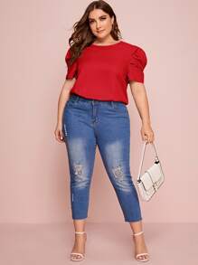 SHEIN Privé Áo sơ mi Plus Size Nút màu trơn Giải trí - Đỏ - Xem 3