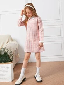 SHEIN Girls Contrast Collar Tweed Dress - Baby Pink - View 3