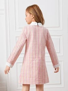 SHEIN Girls Contrast Collar Tweed Dress - Baby Pink - View 2