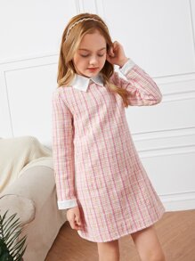 SHEIN Girls Contrast Collar Tweed Dress - Baby Pink - View 4