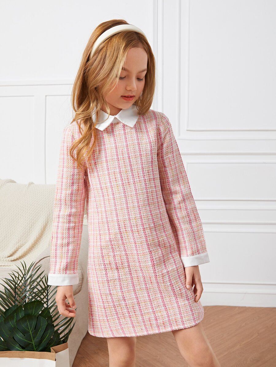 SHEIN Girls Contrast Collar Tweed Dress - Baby Pink - View 1