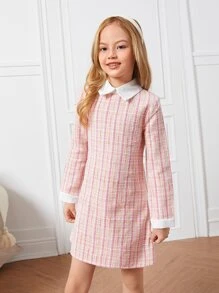 SHEIN Girls Contrast Collar Tweed Dress - Baby Pink - View 5