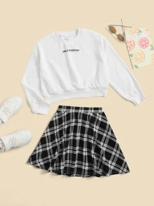 SHEIN Girls Letter Graphic Sweatshirt & Plaid Print Skirt Set - Black and White - View 1
