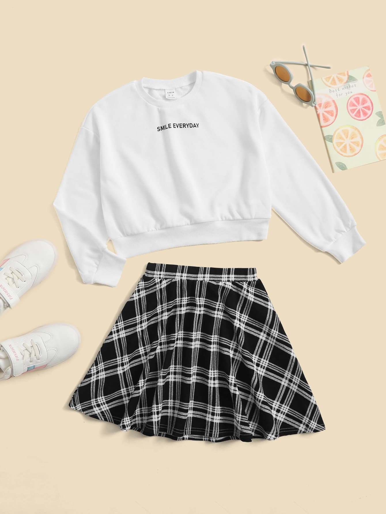 SHEIN Girls Letter Graphic Sweatshirt & Plaid Print Skirt Set - Black and White - View 1