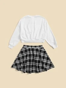 SHEIN Girls Letter Graphic Sweatshirt & Plaid Print Skirt Set - Black and White - View 2