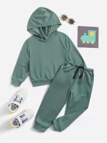 SHEIN 小男童素色連帽衫和束腳褲套裝 - 綠色 - 查看 1