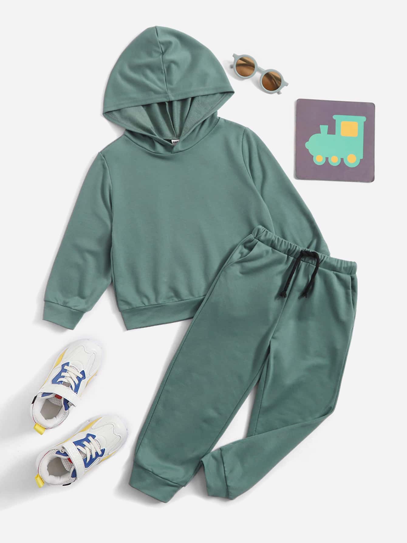 SHEIN 小男童素色連帽衫和束腳褲套裝 - 綠色 - 查看 1