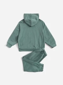SHEIN 小男童素色連帽衫和束腳褲套裝 - 綠色 - 查看 2