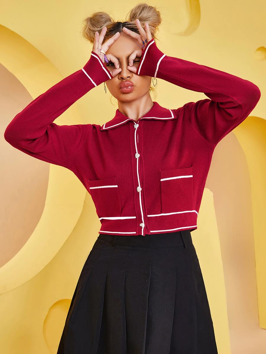 SHEIN Heart-shaped Button Front Cardigan - Burgundy - View 1