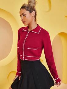 SHEIN Heart-shaped Button Front Cardigan - Burgundy - View 5