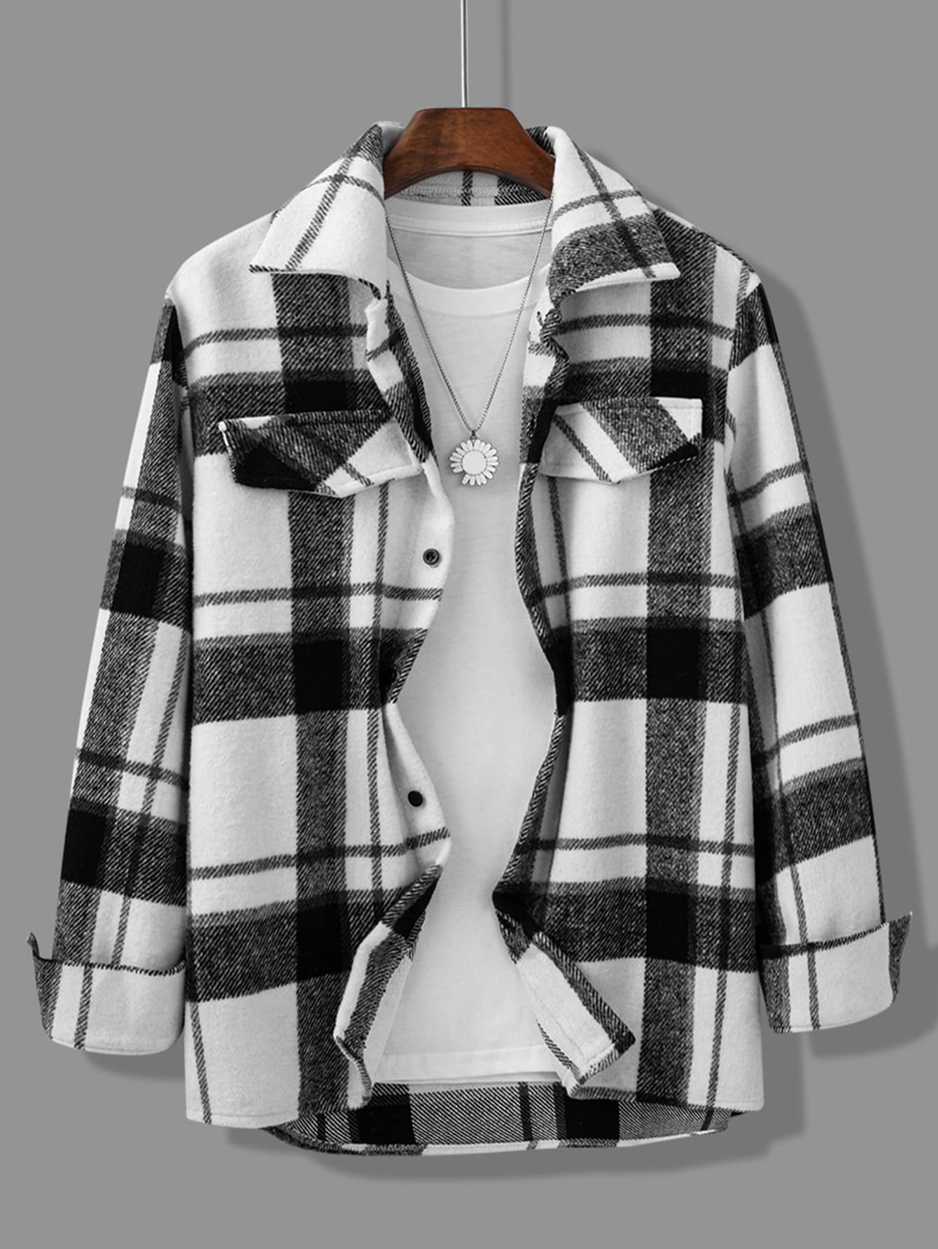 Manfinity Hypemode Men Plaid Print Flap Detail Overcoat Without Top - Black and White - View 1