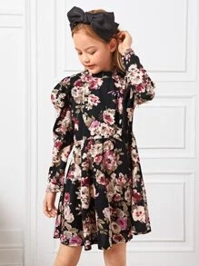 SHEIN 女孩小高領印花鏤空連衣裙 - 彩色 - 查看 3