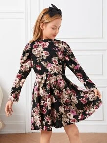 SHEIN 女孩小高領印花鏤空連衣裙 - 彩色 - 查看 4