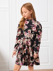 SHEIN 女孩小高領印花鏤空連衣裙 - 彩色 - 查看 5