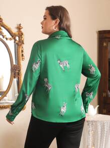 SHEIN 大碼斑馬紋緞面襯衫 - 綠色 - 查看 2