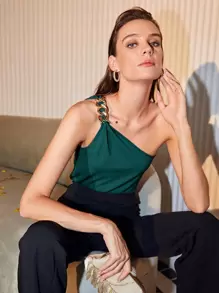 MOTF PREMIUM 單肩鏈條上衣 - 墨綠色 - 查看 7