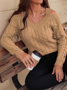 SHEIN Unity Jersey tejido de cable de cuello V con abertura - Caqui - View 1