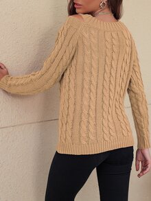 SHEIN Unity Jersey tejido de cable de cuello V con abertura - Caqui - View 2