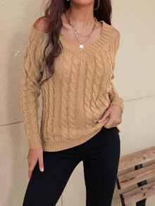 SHEIN Unity Jersey tejido de cable de cuello V con abertura - Caqui - View 3