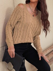 SHEIN Unity Jersey tejido de cable de cuello V con abertura - Caqui - View 4