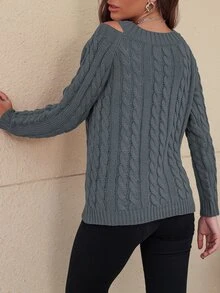 SHEIN Unity Jersey tejido de cable de cuello V con abertura - Gris Oscuro - Ver 2