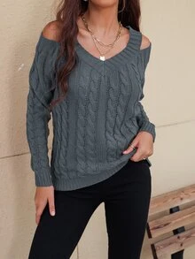 SHEIN Unity Jersey tejido de cable de cuello V con abertura - Gris Oscuro - Ver 3