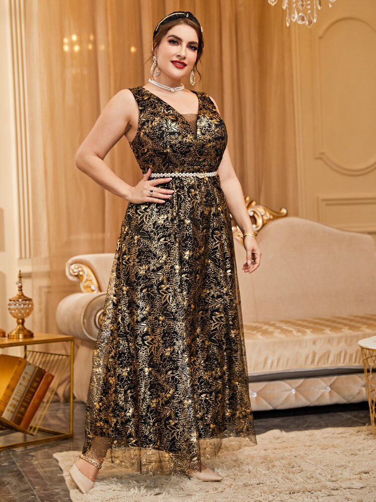 Plus Golden Floral Print Belted Mesh Dress | SHEIN USA