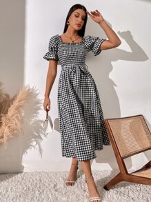 Breezaya Đầm Maxi Cổ Vuông In Gingham Tay Phồng Thắt Lưng Cho Kỳ Nghỉ Bãi Biển Nữ - Đen và trắng - Xem 1