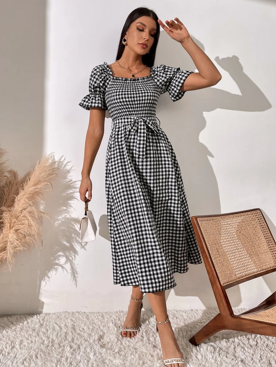 Breezaya Đầm Maxi Cổ Vuông In Gingham Tay Phồng Thắt Lưng Cho Kỳ Nghỉ Bãi Biển Nữ - Đen và trắng - Xem 1