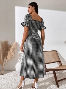 Breezaya Đầm Maxi Cổ Vuông In Gingham Tay Phồng Thắt Lưng Cho Kỳ Nghỉ Bãi Biển Nữ - Đen và trắng - Xem 2
