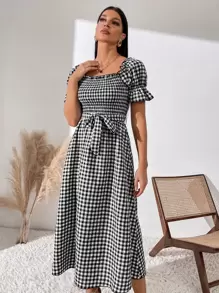 Breezaya Đầm Maxi Cổ Vuông In Gingham Tay Phồng Thắt Lưng Cho Kỳ Nghỉ Bãi Biển Nữ - Đen và trắng - Xem 3