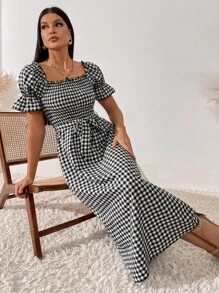 Breezaya Đầm Maxi Cổ Vuông In Gingham Tay Phồng Thắt Lưng Cho Kỳ Nghỉ Bãi Biển Nữ - Đen và trắng - Xem 4