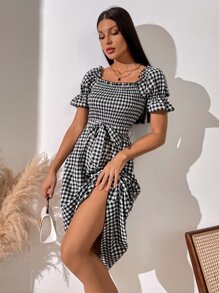 Breezaya Đầm Maxi Cổ Vuông In Gingham Tay Phồng Thắt Lưng Cho Kỳ Nghỉ Bãi Biển Nữ - Đen và trắng - Xem 5