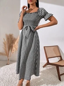Breezaya Đầm Maxi Cổ Vuông In Gingham Tay Phồng Thắt Lưng Cho Kỳ Nghỉ Bãi Biển Nữ - Đen và trắng - Xem 6
