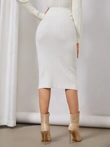 SHEIN Váy len nữ Gân đan màu trơn Thanh lịch - trắng - Xem 2