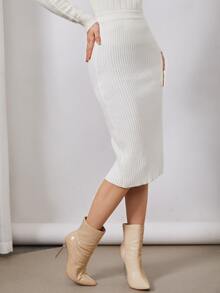 SHEIN Váy len nữ Gân đan màu trơn Thanh lịch - trắng - Xem 5