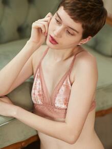 蕾絲拼接透氣柔軟絲絨胸罩 - 珊瑚粉 - 查看 7