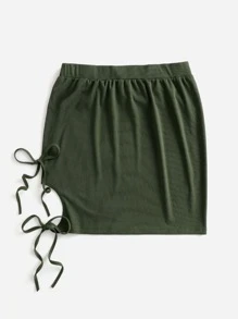 Váy Plus Size Thắt nút Nút phía trước màu trơn Giải trí - xanh quân đội - Xem 2