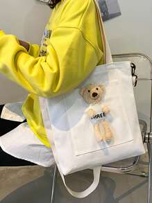 卡通熊裝飾購物包書包適合畢業生、青少年女孩、新生、大二、初中和高中學生、大學和高中，非常適合戶外、旅行和返校 - 白色 - 查看 1